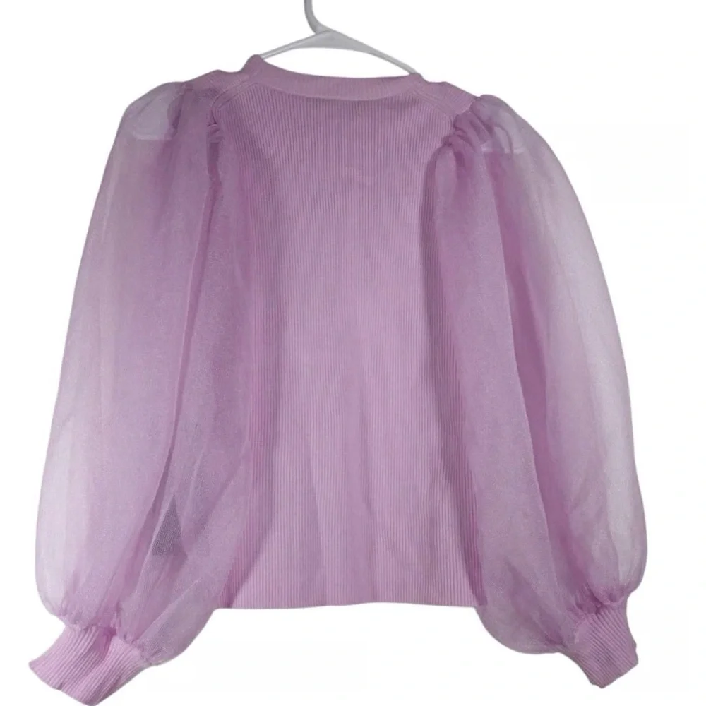 Tuckernuck Betsy Lilac Puff Sleeve Knit Blouse Sheer Sleeve Size S NWT